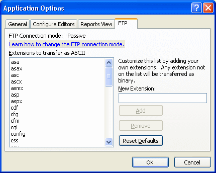 Application Options FTP tab