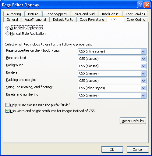 Page Editor Options CSS tab