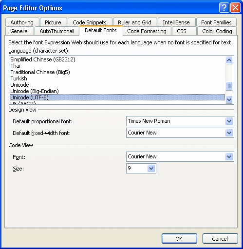 Page Editor Options Default Fonts tab