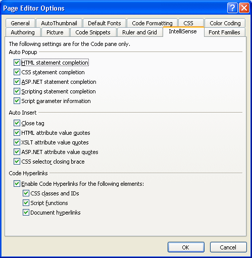 Page Editor Options Intellisense tab