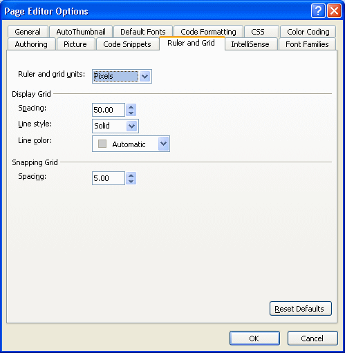 Page Editor Options Ruler and Grid tab