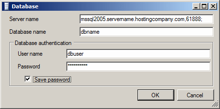 Database connection settings window