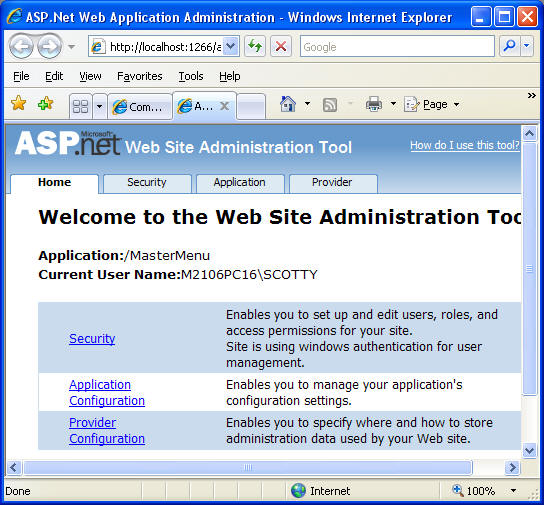 ASP.NET configuration home page