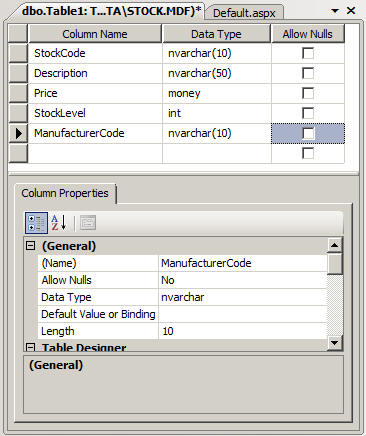 Data Entry view for design of Stock table