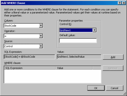 Configuring the Add WHERE Clause dialog
