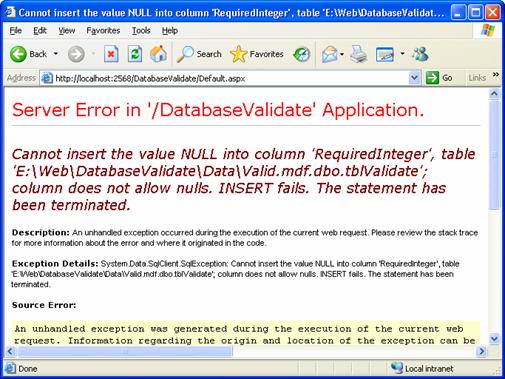 Database validation - error page