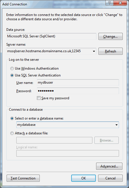 Add Connection dialog with the Server name, SQL Server authentication and database name filled in.