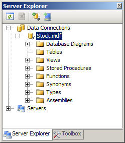 Server Explorer view of the empty database
