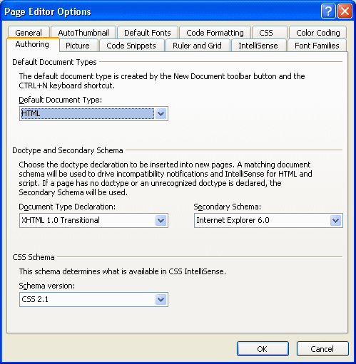 Page Editor Options Authoring tab