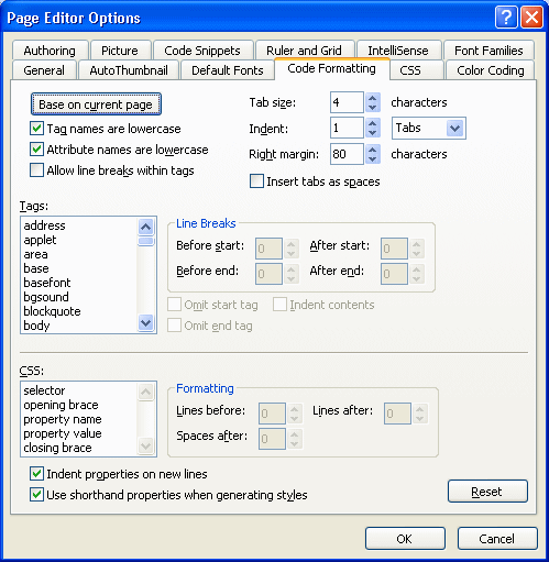 Page Editor Options Code Formatting tab