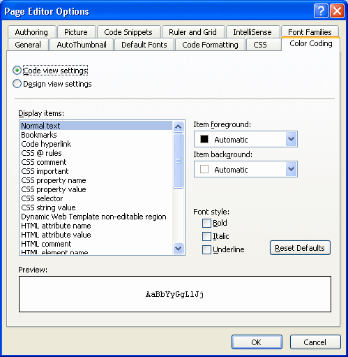 Page Editor Options Color Coding tab