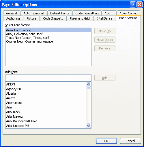 Page Editor Options Font Families tab